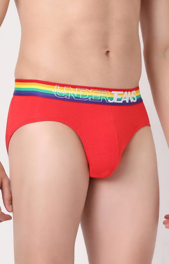 Men Premium Red Multi Cotton Blend Brief- UnderJeans by Spykar
