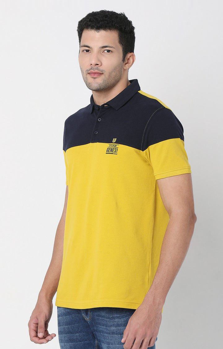 Men Premium Sulphur Yellow & Navy Cotton Regular Fit Polo Tshirt - UnderJeans by Spykar