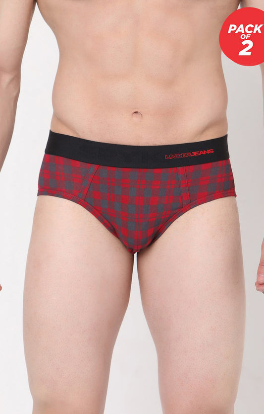 Men Premium Cotton Blend Maroon-Check Brief - (Pack of 2)- UnderJeans by Spykar