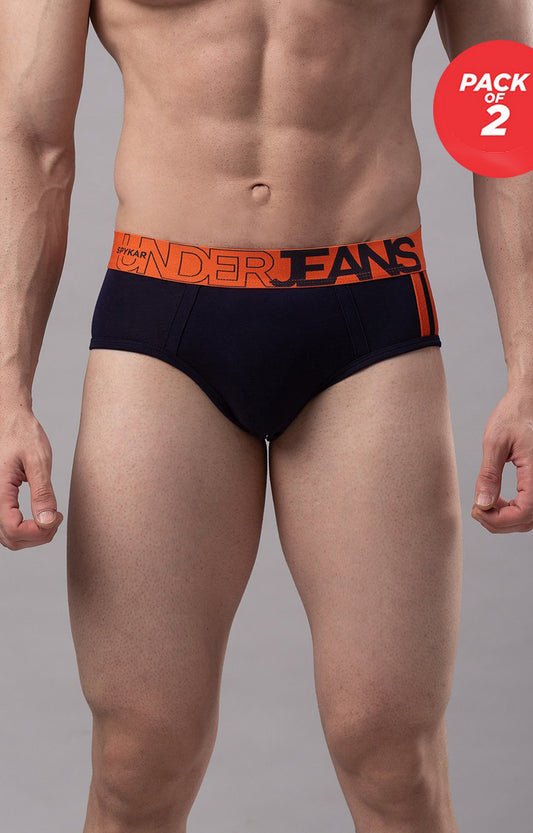Men Premium Cotton Blend Navy-Orange Brief - (Pack of 2)- UnderJeans by Spykar