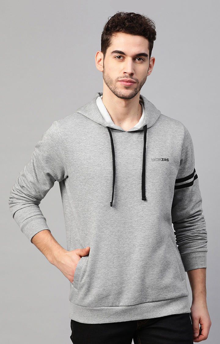 Grey Melange Cotton Solid Hooded Sweatshirts- UnderJeans by Spykar