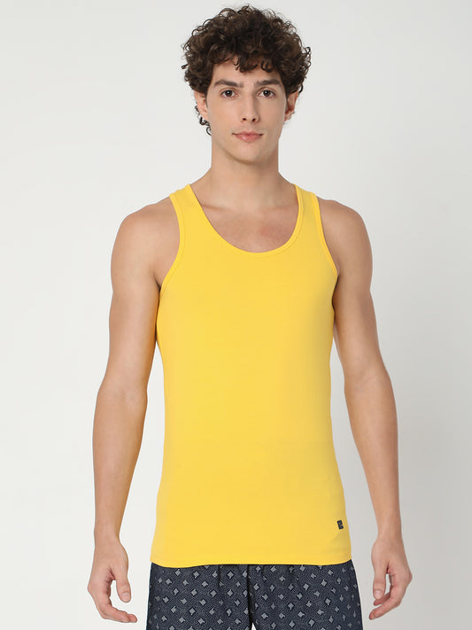 Men Premium Yellow Cotton Blend Regular Fit Vest - UnderJeans by Spykar