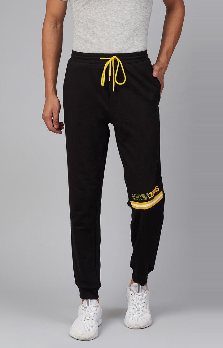 Black Cotton Blend Solid Trackpants- UnderJeans by Spykar