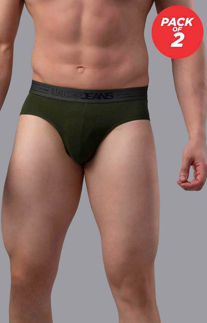 Olive Cotton Brief for Men Premium - (Pack of 2)- UnderJeans by Spykar