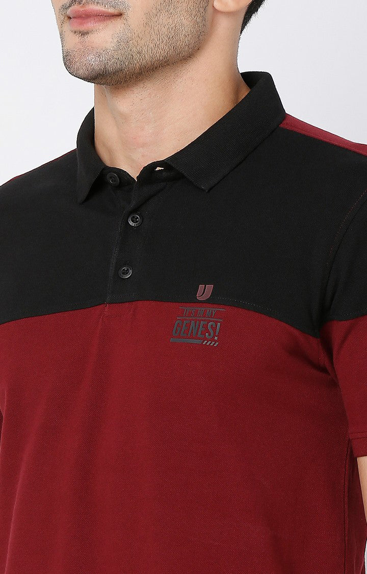 Men Premium Wine & Black Cotton Regular Fit Polo T-shirt - UnderJeans by Spykar