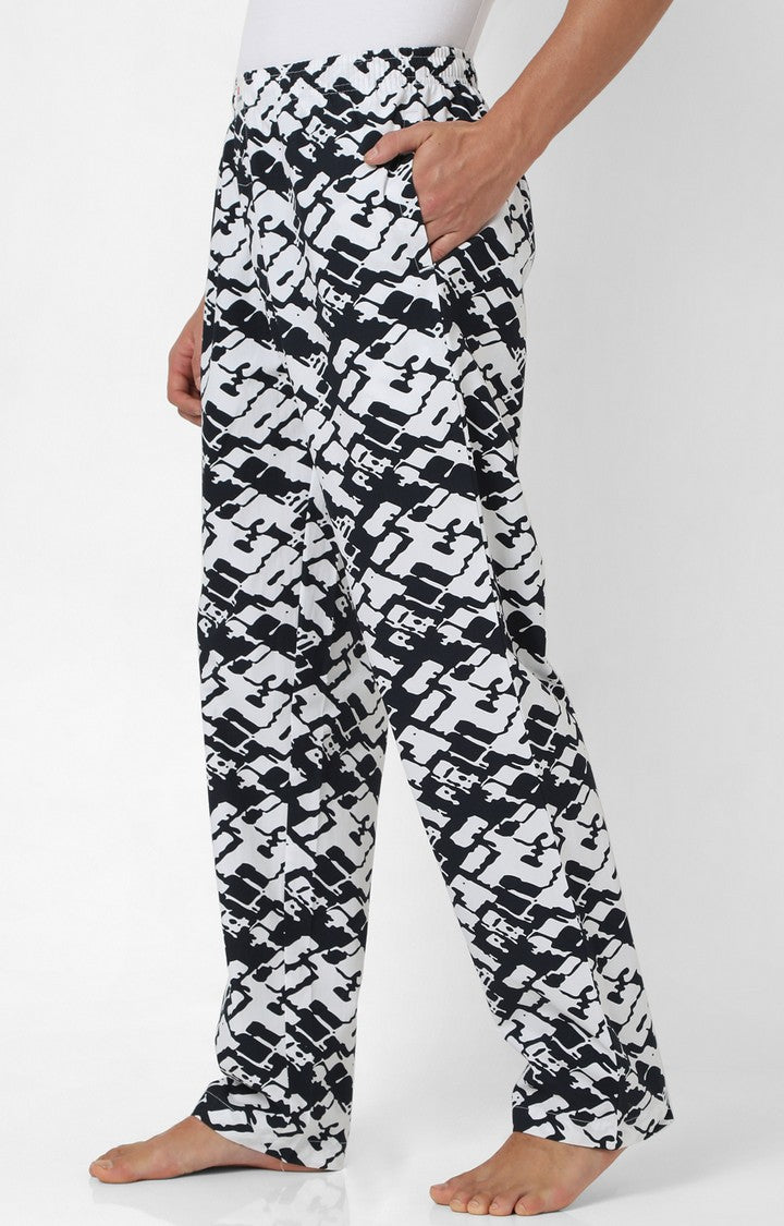 Men Premium White & Dark Navy Cotton Printed Pyjama - UnderJeans By Spykar