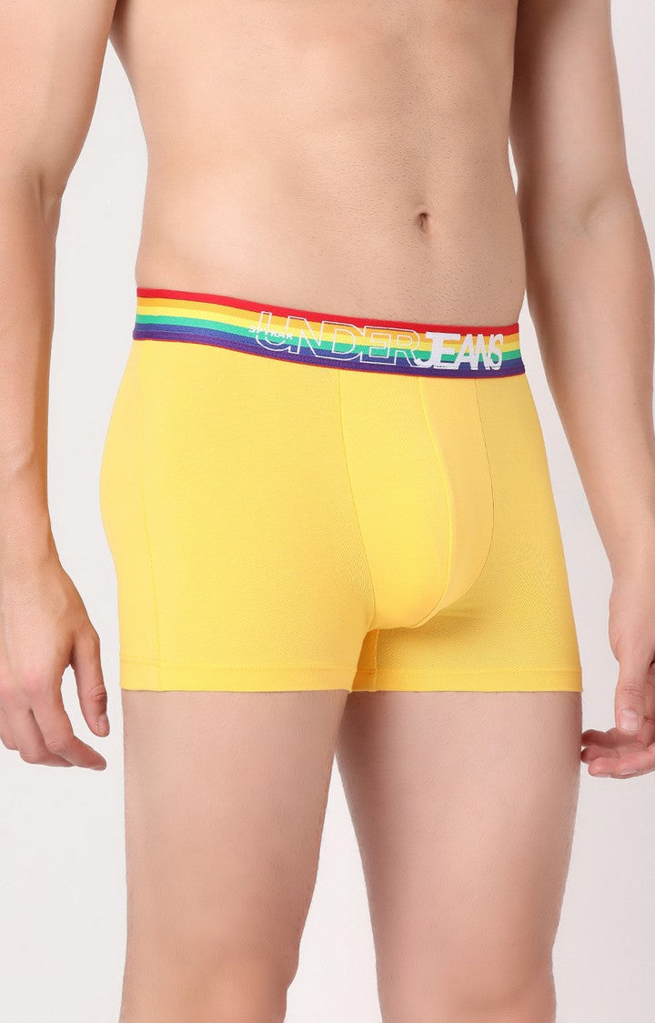 Men Premium Yellow Multi Cotton Blend Trunk- UnderJeans by Spykar