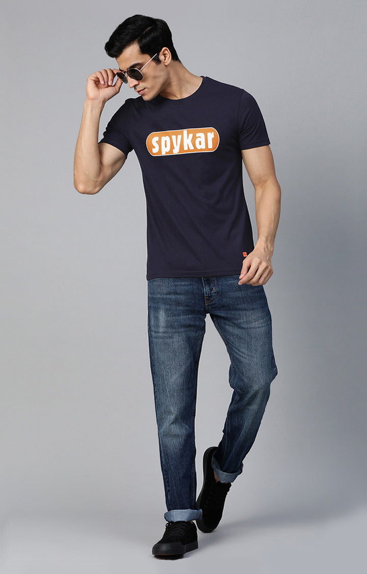 Navy Cotton Printed Round Neck T-Shirts- UnderJeans by Spykar
