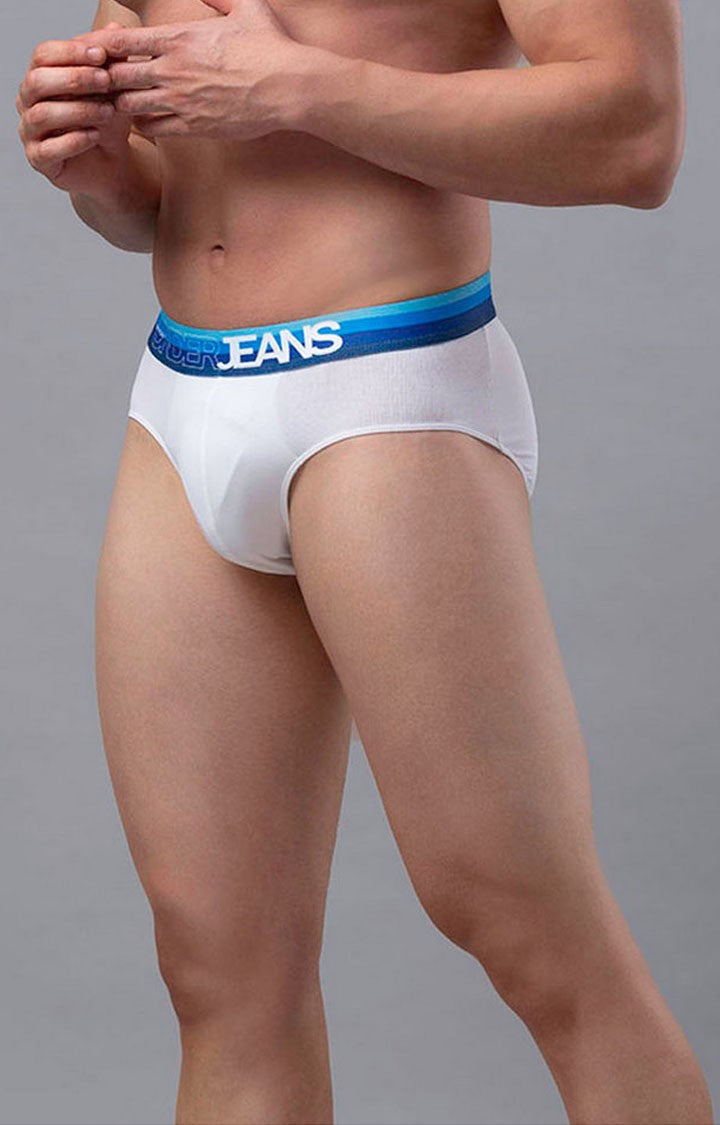 White-Blue Cotton Blend Brief for Men Premium- UnderJeans by Spykar