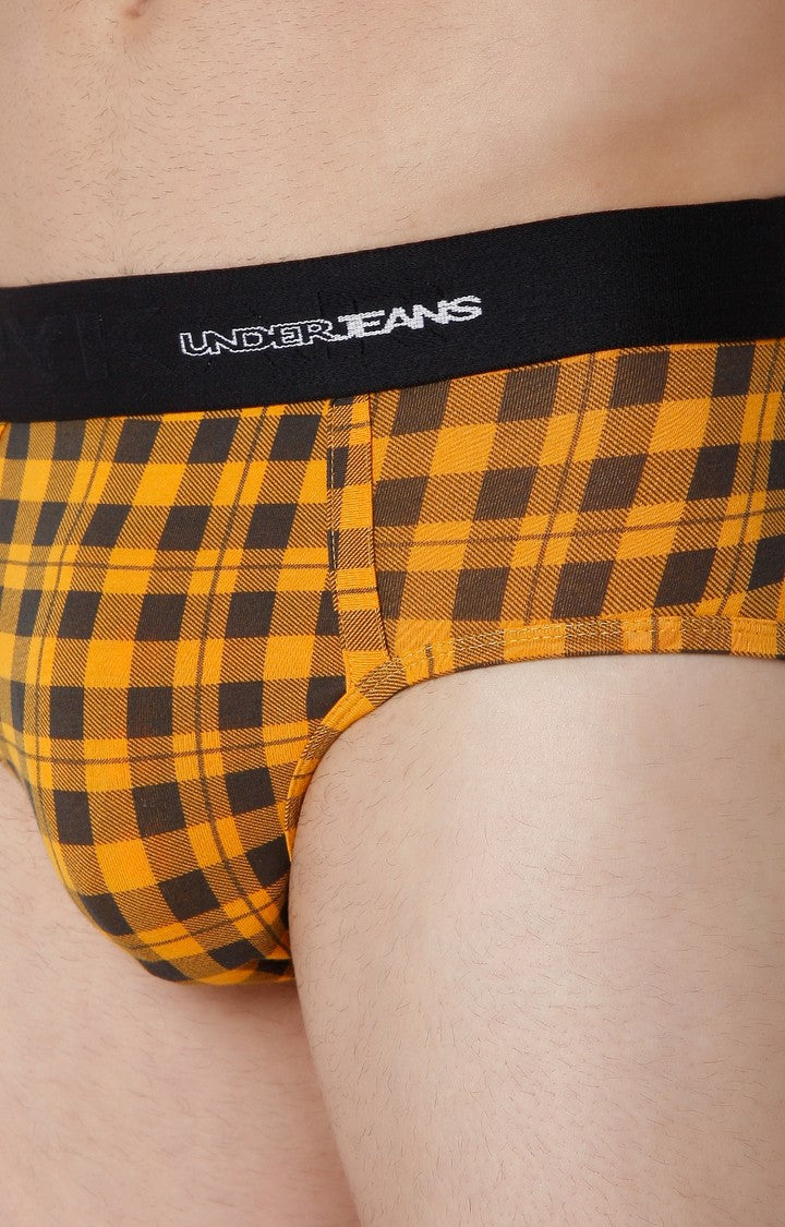 Men Premium Orange Check Cotton Blend Brief- UnderJeans by Spykar