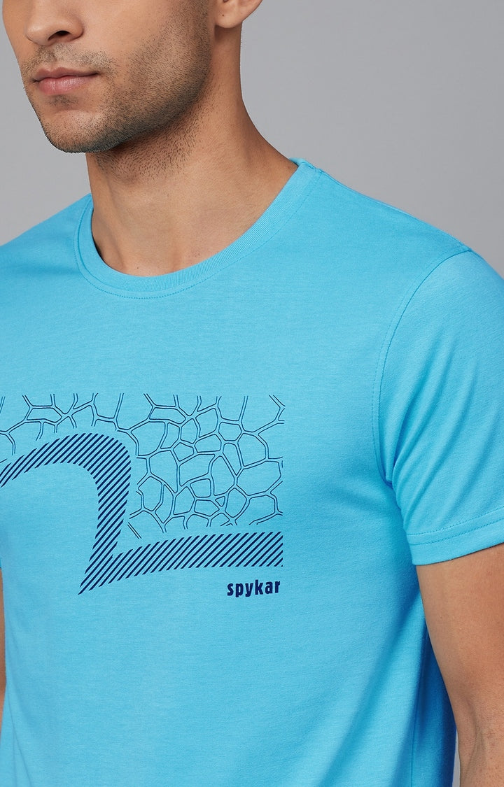 Light Blue Cotton Printed Round Neck T-Shirts- UnderJeans by Spykar
