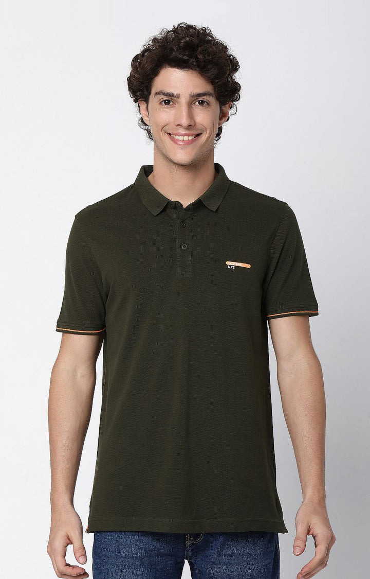 Men Premium Riffle Green Cotton Regular Fit Polo T-shirt UnderJeans by Spykar