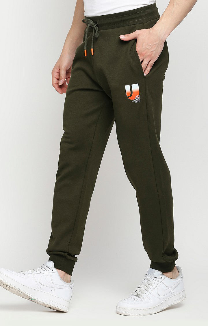 Men Premium Cotton Blend Knitted Rifle Green Trackpant- UnderJeans by Spykar