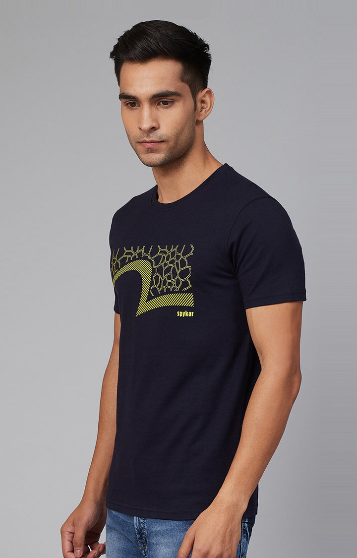 Navy Cotton Printed Round Neck T-Shirts- UnderJeans by Spykar