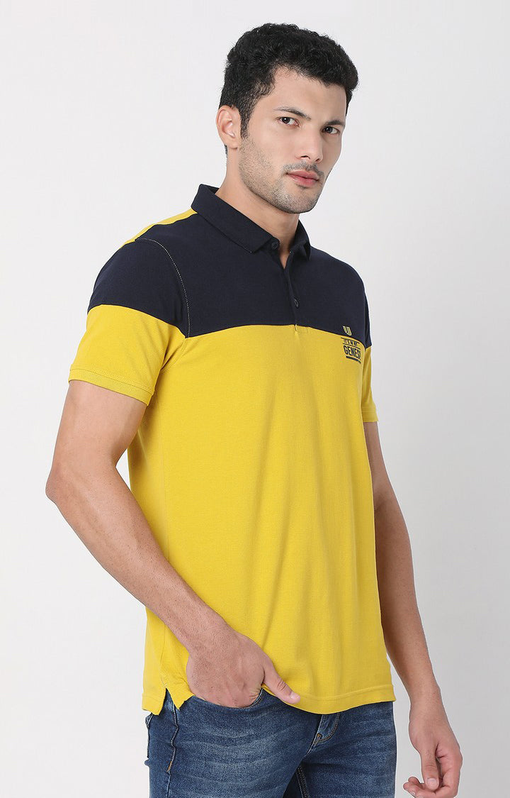 Men Premium Sulphur Yellow & Navy Cotton Regular Fit Polo Tshirt - UnderJeans by Spykar