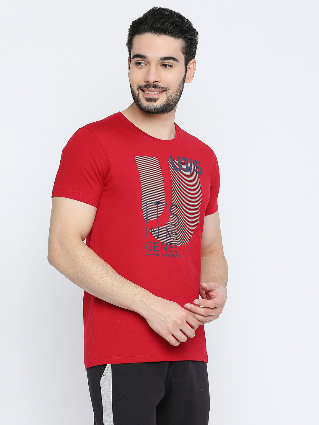 Men Premium Cotton Deepred Round Neck Tshirt - UnderJeans by Spykar