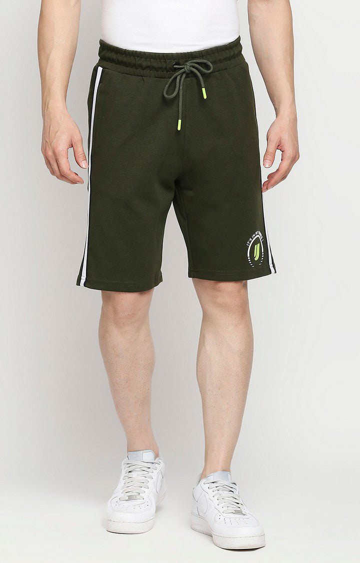 Men Premium Cotton Blend Knitted Rifle Green Shorts - UnderJeans by Spykar
