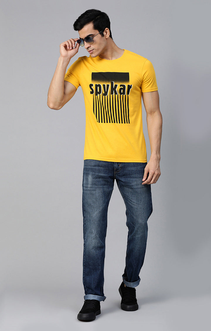 Mustard Cotton Printed Round Neck T-Shirts- UnderJeans by Spykar