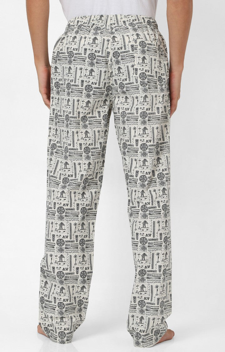 Men Premium Off White & Black Cotton Printed Pyjama - UnderJeans by Spykar
