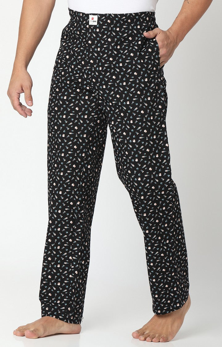 Men Premium Black/Green Cotton Printed Pyjama- UnderJeans By Spykar