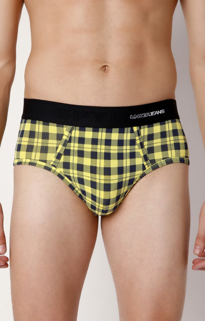 Men Premium Yellow Check Cotton Blend Brief- UnderJeans by Spykar