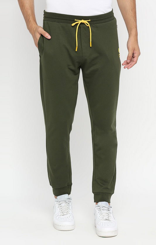 Men Premium Cotton Blend Olive Trackpant - UnderJeans by Spykar