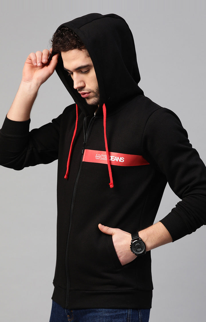 Black Cotton Solid Hooded Sweatshirts- UnderJeans by Spykar