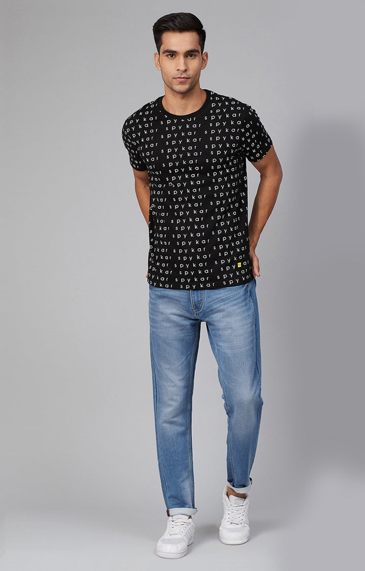 Black Cotton Printed Round Neck T-Shirts- UnderJeans by Spykar