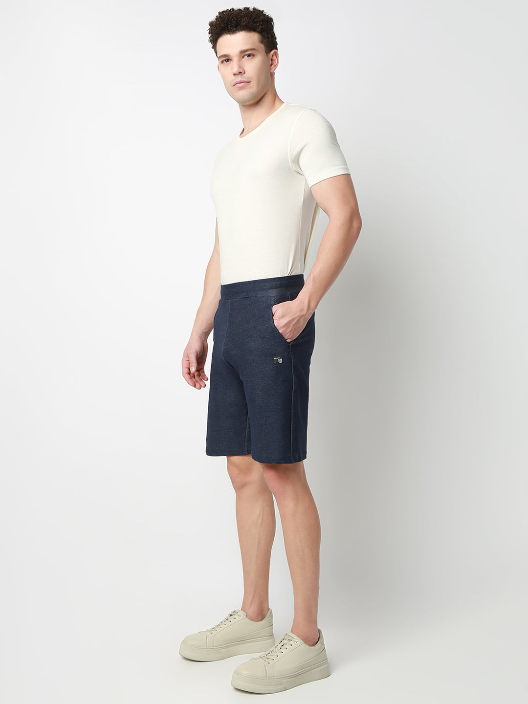 UnderJeans by Spykar Men Dark Denim Blue Mid-Rise Solid Slim Fit Shorts