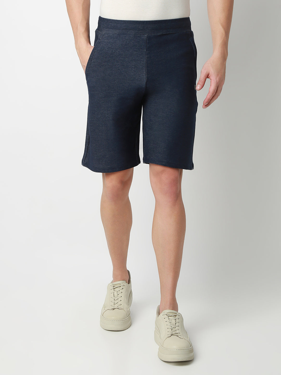 UnderJeans by Spykar Men Dark Denim Blue Mid-Rise Solid Slim Fit Shorts