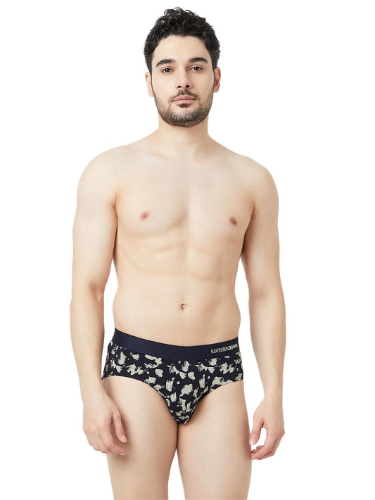 UnderJeans by Spykar Men Basic Navy ECRU Mid-Rise Printed Ultrasoft Briefs