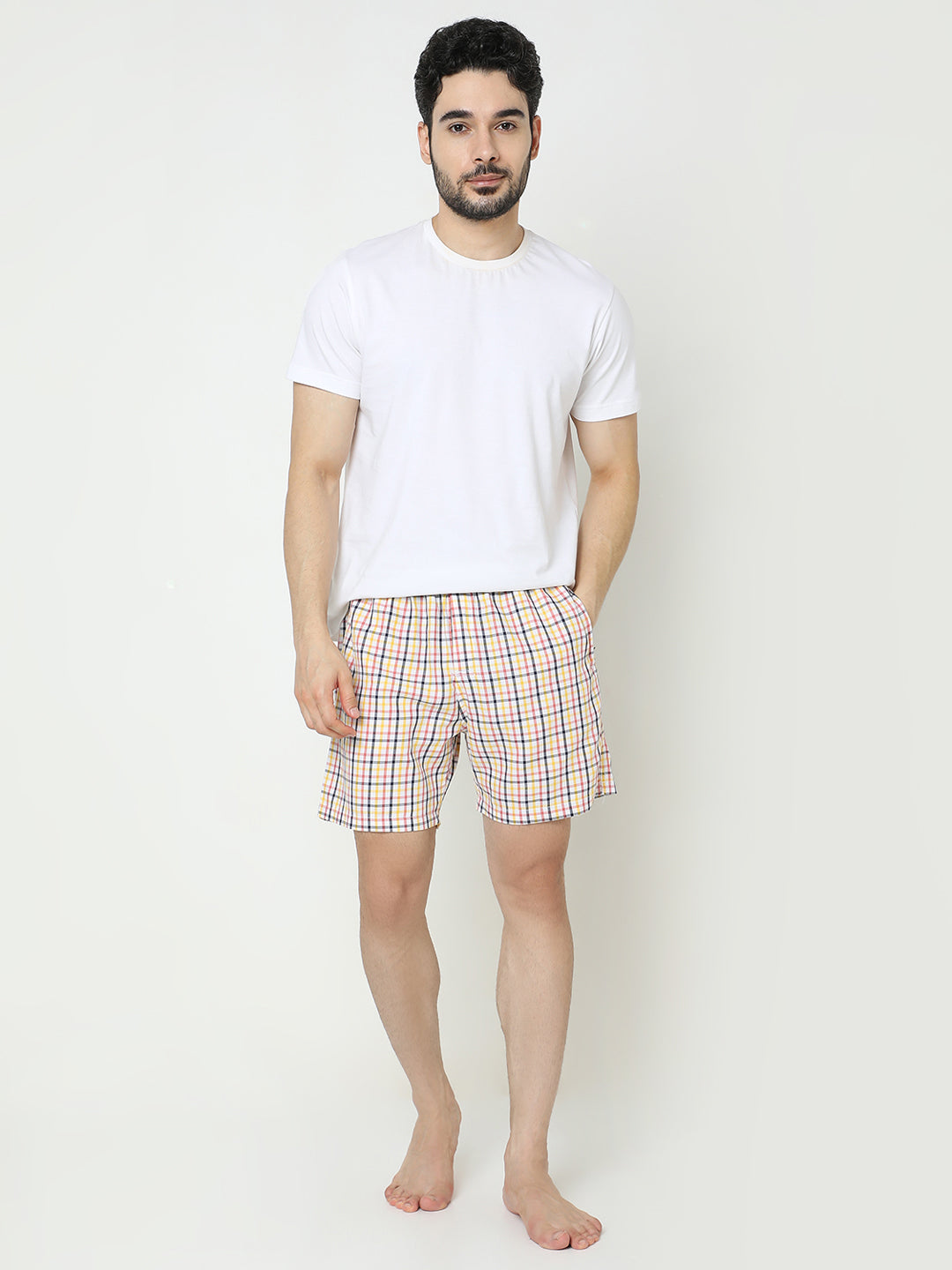 Underjeans by Spykar Men Premium Cotton White Yellow Checks Boxers