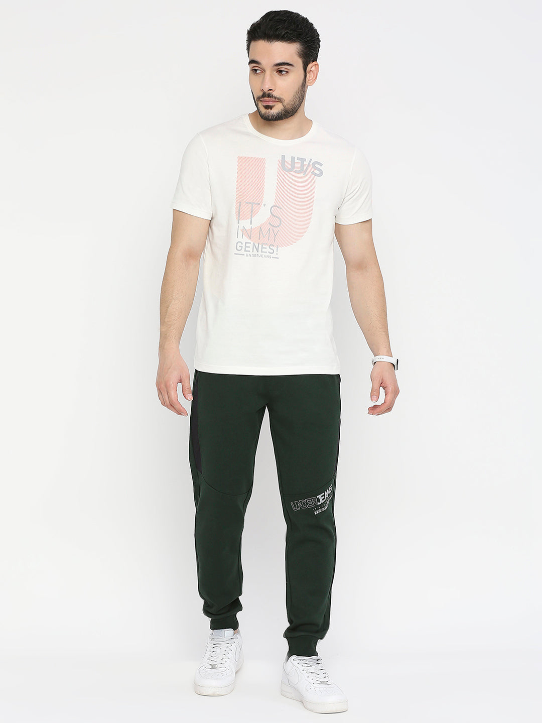 Men Premium Cotton Ecru Round Neck Tshirt - UnderJeans by Spykar