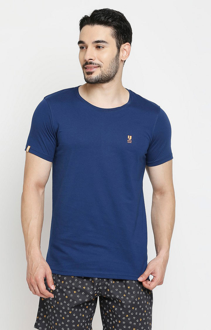 Men Premium Navy Blue & Ecru Melange Cotton Regular Fit Round Neck T-shirts - Pack of 2 - UnderJeans by Spykar