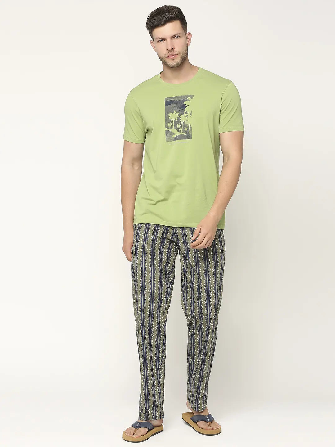 Buy Men Premium Cotton Printed Olive Pyjama- Underjeans By Spykar
