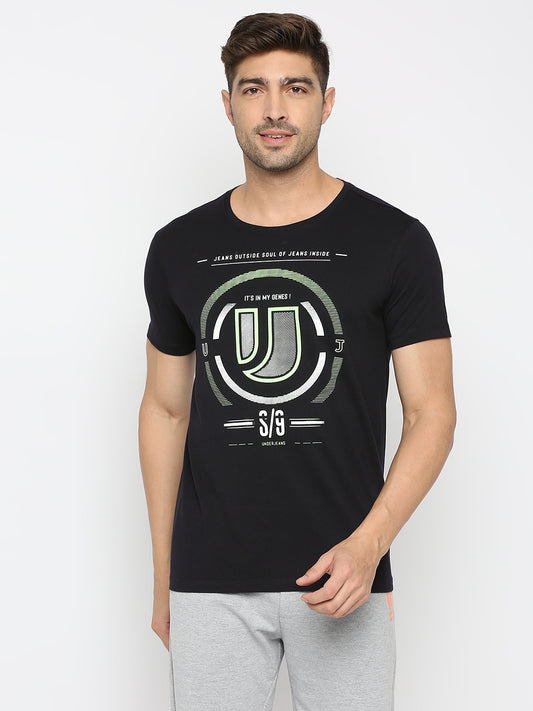 Men Premium Navy Cotton Round Neck Printed Tshirt- UnderJeans by Spykar