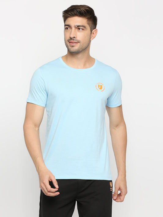 Men Premium Powder Blue Cotton Round Neck Plain Tshirt- UnderJeans by Spykar