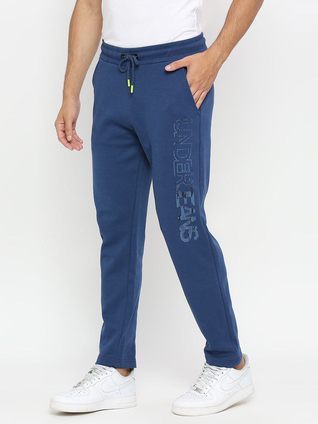 Men Premium Knitted Indigo Blue Cotton Straight Fit Trackpants- UnderJeans by Spykar