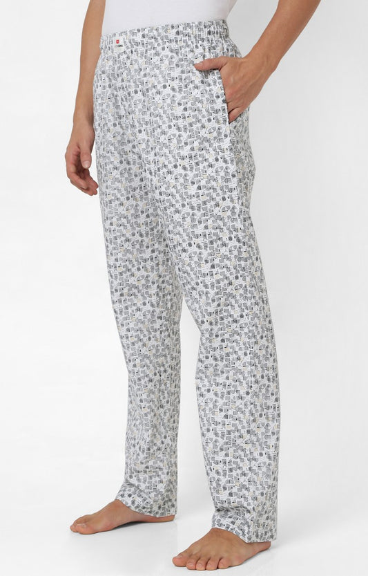 Men Premium White & Black Cotton Printed Pyjama - UnderJeans by Spykar