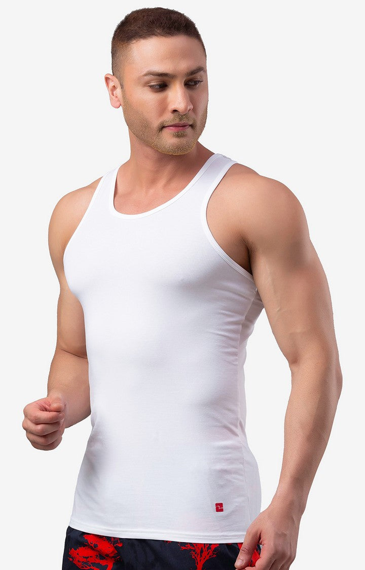 Men Premium White Cotton Vest- UnderJeans by Spykar