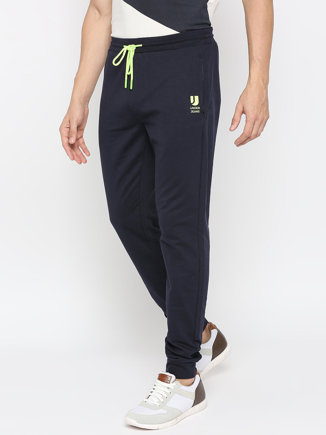 Men Premium Cotton Blend Navy Trackpants - UnderJeans by Spykar