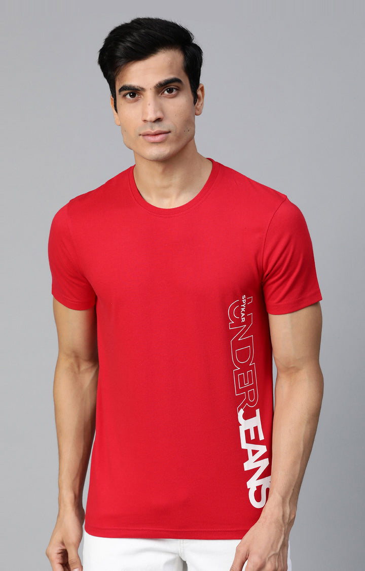 Men Premium Red Cotton Solid Round Neck T-Shirts- UnderJeans by Spykar