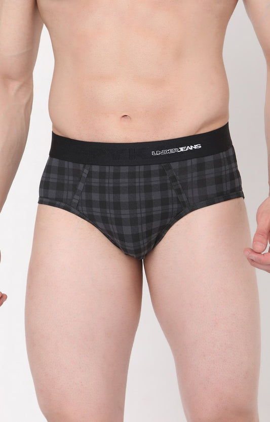 Men Premium Cotton Blend Black-Check Brief- UnderJeans by Spykar