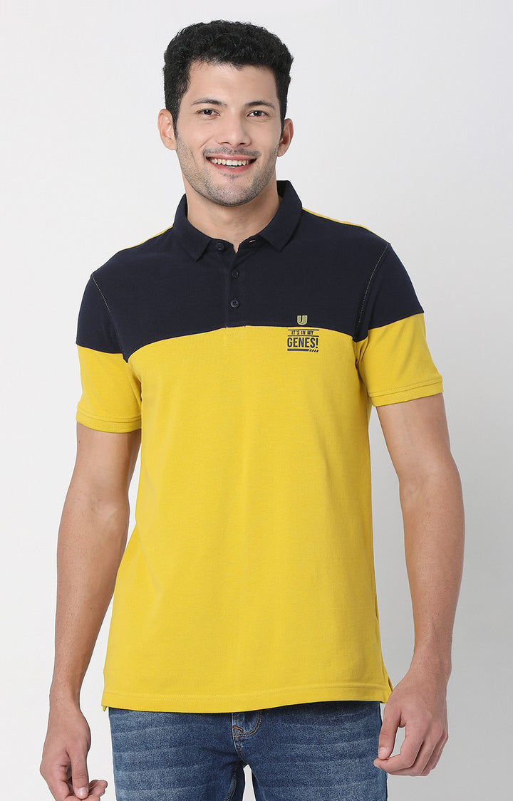 Men Premium Sulphur Yellow & Navy Cotton Regular Fit Polo Tshirt - UnderJeans by Spykar