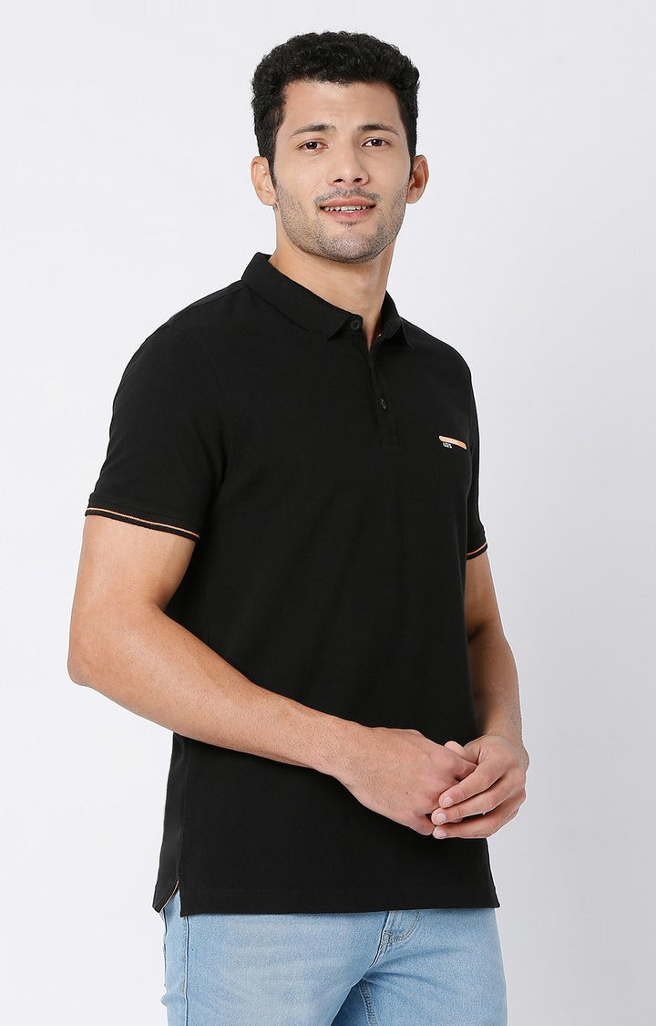 Men Premium Black Cotton Regular Fit Polo Tshirt - UnderJeans by Spykar