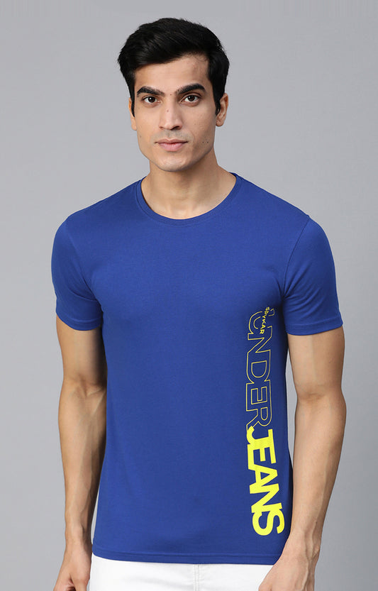 Men Premium Blue Cotton Solid Round Neck T-Shirts- UnderJeans by Spykar