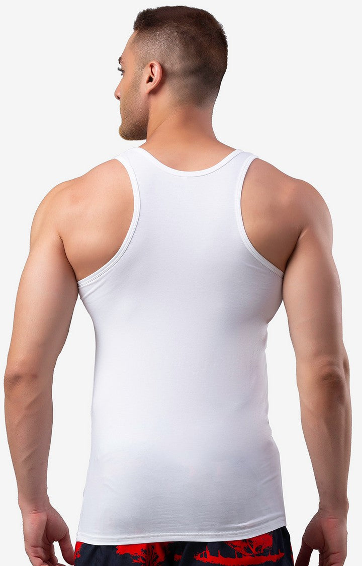 Men Premium White Round Neck Cotton Blend Vest- UnderJeans by Spykar