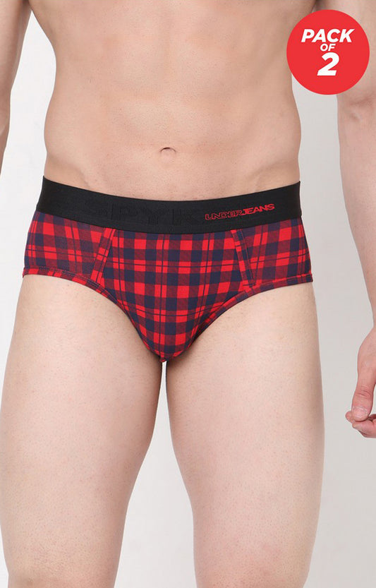 Blue-Check Cotton Brief for Men Premium (Pack of 2)- UnderJeans by Spykar