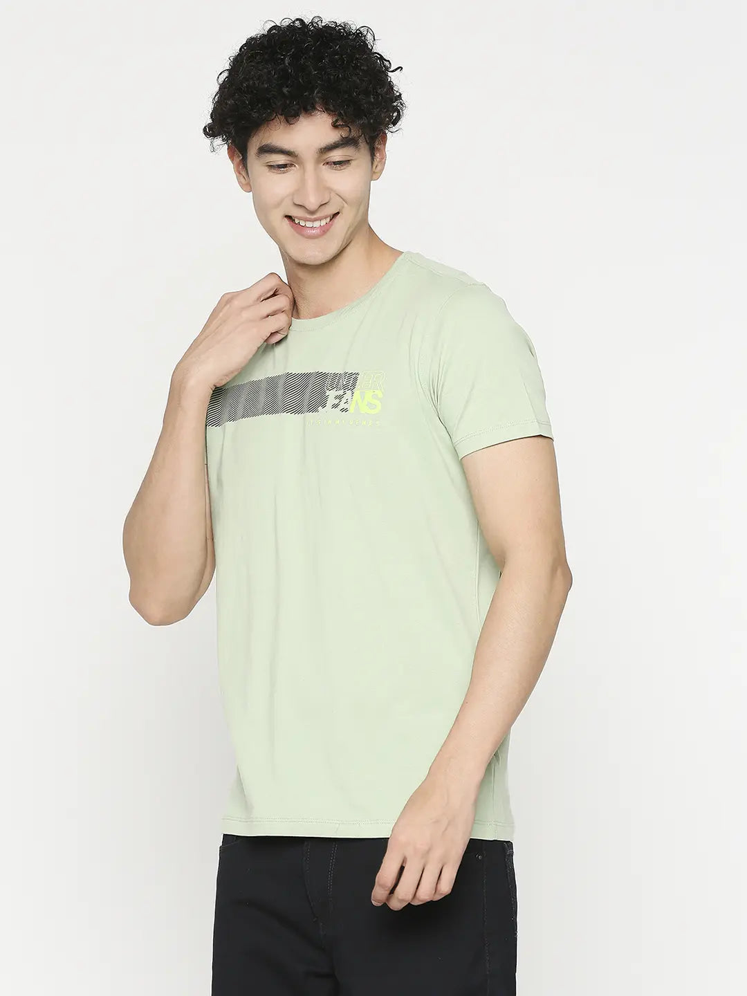 Men Premium Dusty Pista Cotton Half Sleeve Printed Tshirt- UnderJeans by Spykar
