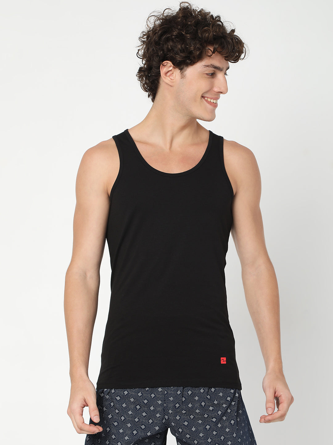 Men Premium Black Cotton Blend Regular Fit Vest - UnderJeans by Spykar